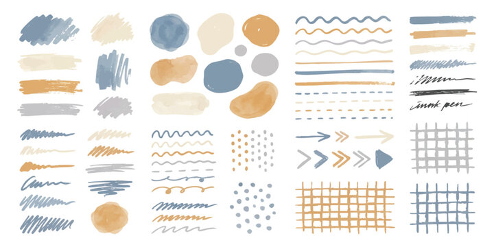 Abstract watercolor blobs lines arrows and grid textures set in earthy pastel tones vector illustration