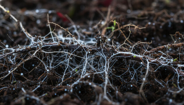 Mycorrhizal fungi network white mycelium threads in dark organic soil