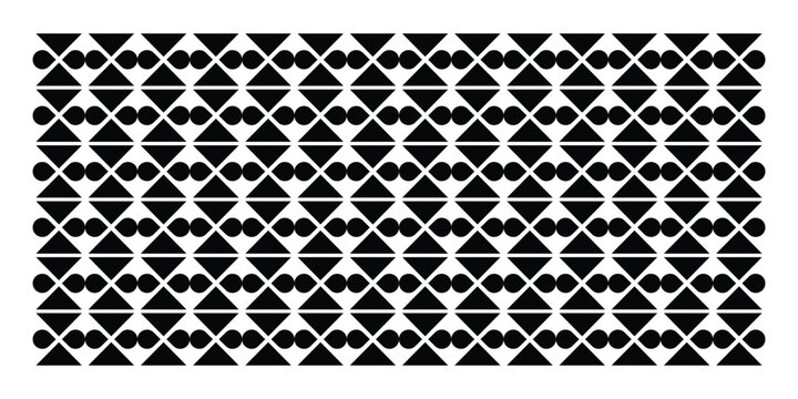Seamless black and white geometric pattern featuring alternating triangles and interlocking circular motifs in a repeating abstract grid design.