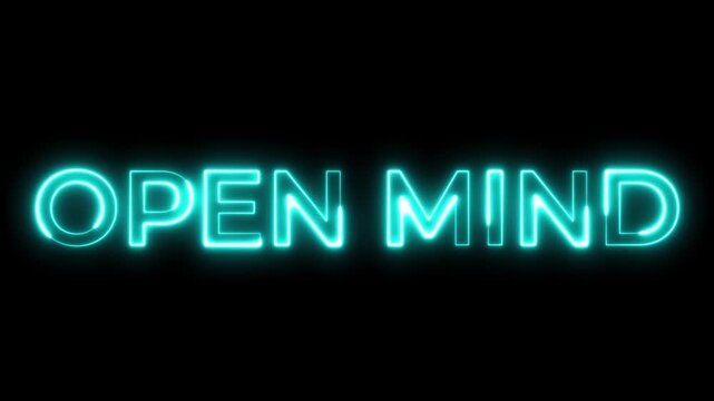 Open Mind Glowing Cyan Neon Sign on Black Background