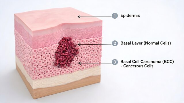 3D Medical Cross‑Section Illustration of Basal Cell Carcinoma (BCC), Labeled Skin Layer Diagram Showing Epidermis, Normal Basal Layer Cells and Cancerous Tumor Cells, Dermatology Oncology Educational 
