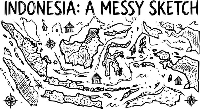 Black and White Line Art Hand-drawn Map of Indonesia: A Messy Sketch. Indonesian Archipelago illustration for Geography, Travel, and Education.