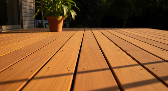 Close-up of modern wooden deck planks at sunset | Outdoor home improvement and garden terrace design | Golden hour lighting on backyard patio flooring | Sustainable composite decking material