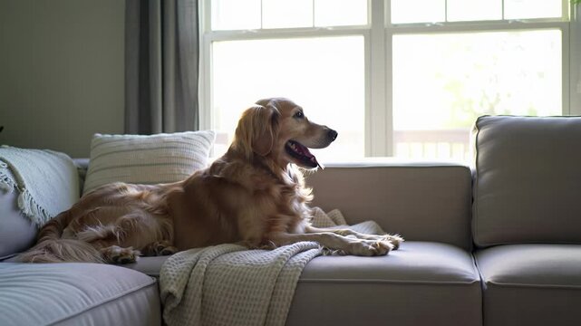 A well-groomed golden retriever rests on a plush light-grey sofa in a minimalist living room, bathed in soft, diffused golden light with creamy bokeh. Concept of domestic bliss and tranquility