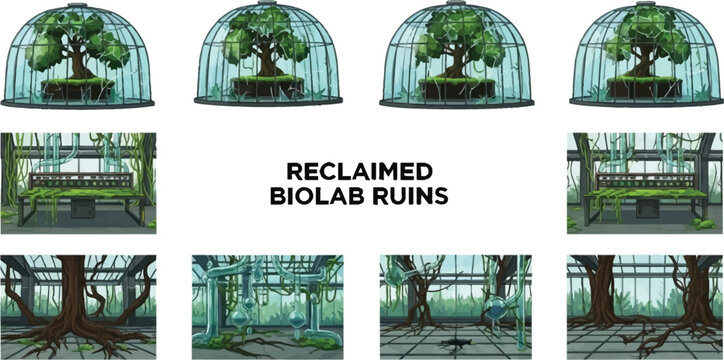 A collection of game assets titled Reclaimed Biolab Ruins featuring cracked glass domes with trees and overgrown lab interiors