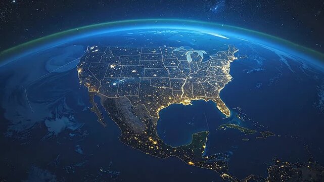 A view of the planet from space showing glowing city lights