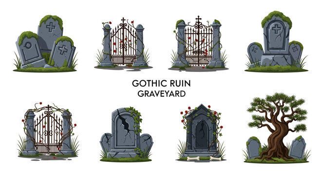 A set of eight illustrated Gothicstyle graveyard elements including various stone tombstones iron gates and a gnarled tree