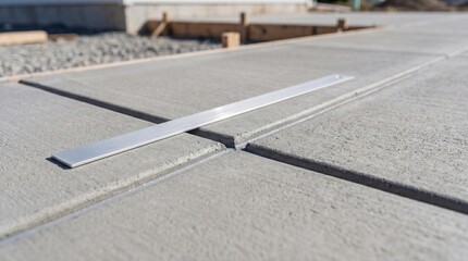 Fototapeta premium Expansion joint slab detail, Cured concrete foundation, Clean saw cut lines, Residential construction close up, Technical inspection background, Minimal copy space