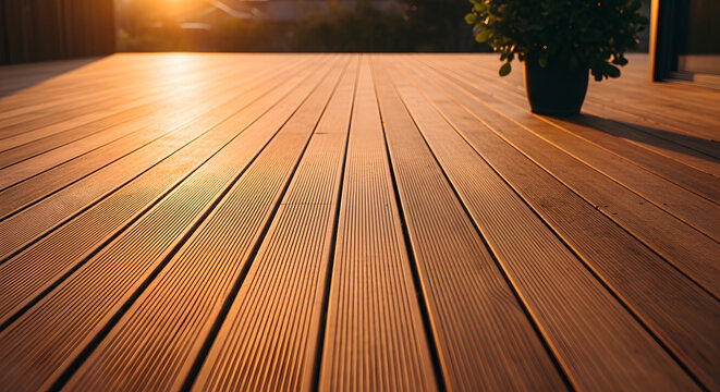 Modern wooden deck terrace at sunset | Close-up of outdoor patio flooring texture | Golden hour light on backyard decking planks | Contemporary exterior house design and home improvement | Relaxing ou