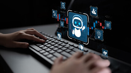 Obraz premium Hands typing on a black keyboard with a digital robot icon and technology icons floating on a dark background, representing innovation and artificial intelligence communication Sigmoid