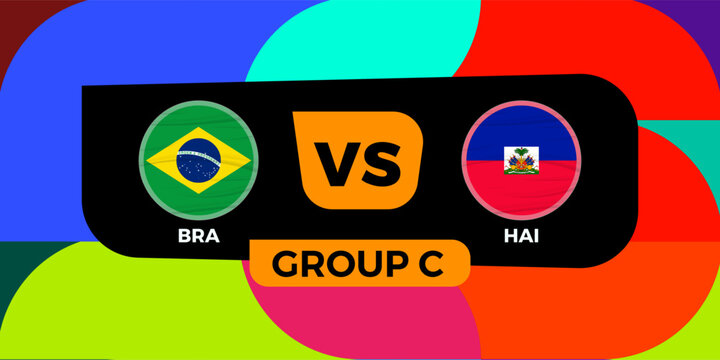 Brazil versus Haiti football match banner with national flags and colorful background.