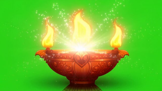 Traditional diya lamp with three glowing flames on green screen background, isolated animation style, symbolizing spirituality, festival of lights, celebration, cultural tradition, 4K video