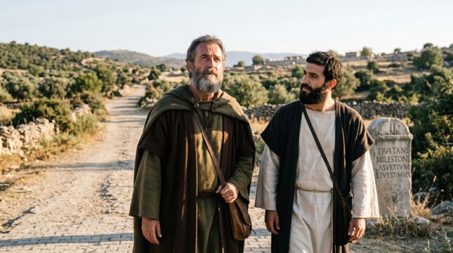 Apostle Paul and disciple Timothy walking on ancient road past milestone. Biblical scene from Acts of Apostles. Missionary journey of historical characters in antiquity. Faith and religion.