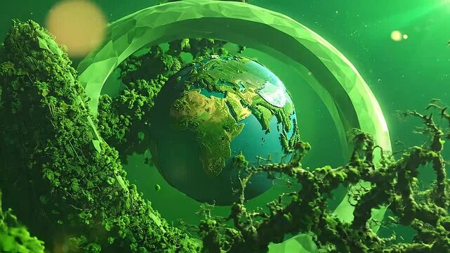 A glowing planet surrounded by abstract organic forest structures