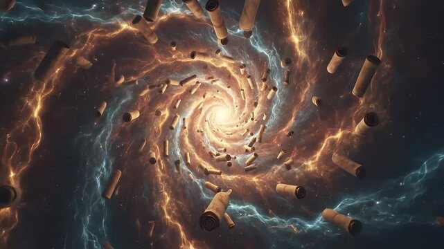 Abstract Cosmic Vortex with Floating Ancient Scrolls
