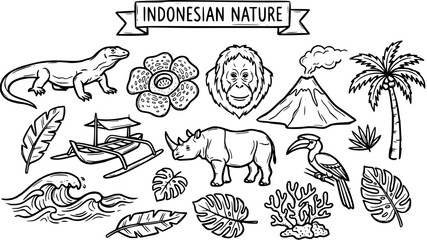 Indonesian Nature and Wildlife Vector Doodles. Black and White Hand-drawn Line Art Collection featuring Komodo Dragon, Orangutan, Rafflesia, Volcano, Rhinoceros, and Tropical Elements. © abenail