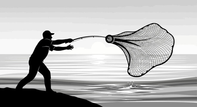 Fisherman silhouette casting net over stylized ocean waves.