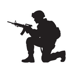 Fototapeta premium Soldier silhouette with rifle kneeling on one knee isolated on white