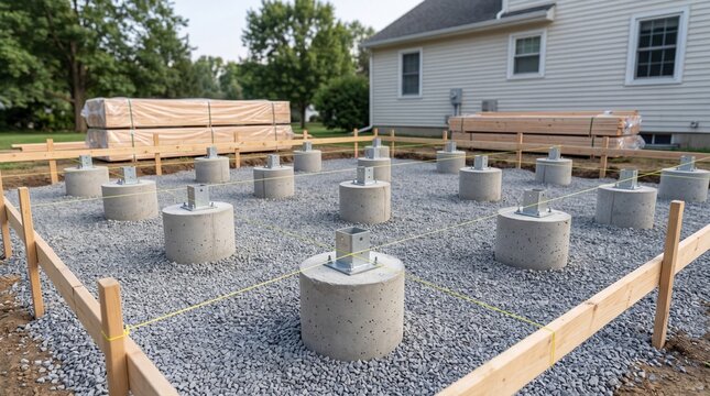 Concrete pier foundation, Residential addition support, Metal post bases, Leveled gravel pad, Clean construction layout, Copy space