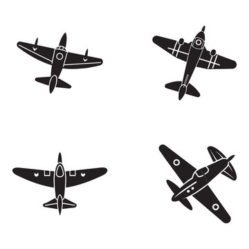 Four black airplanes in different angles and positions  flying planes  various views  side and front