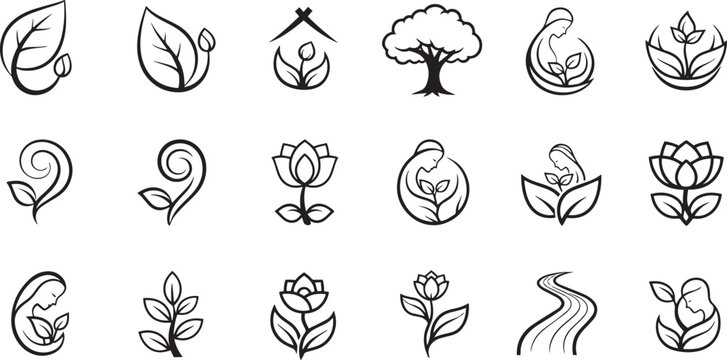 Minimalist Eco Wellness and Beauty Nature Icons Set with Leaves Flowers Tree and Woman Face Profiles