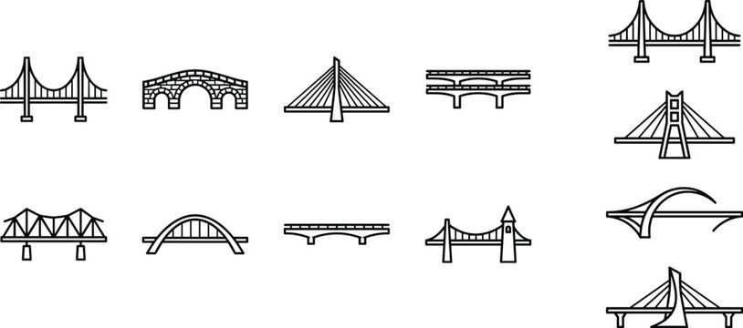 Bridge Line Icon Set with Suspension Arch and Cable Stayed Transportation Structure Vector Illustrations