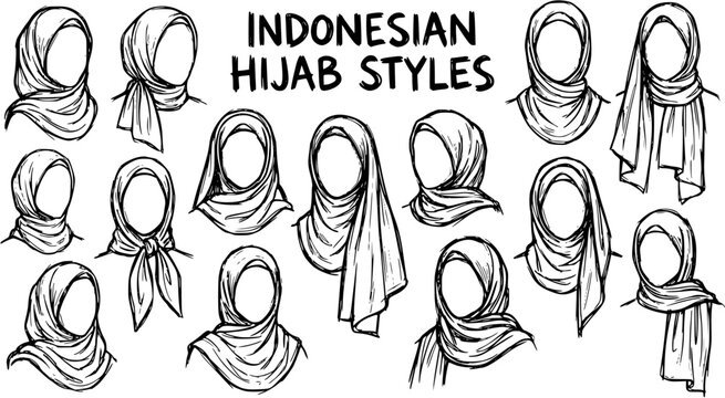 Indonesian Hijab Styles Collection. Vector Line Art Illustration of Diverse Women's Headscarves for Fashion, Culture, and Religious Themes.