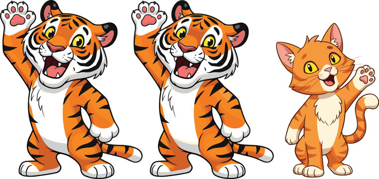 Cute Cartoon Tiger Cubs and Orange Kitten Characters Set Waving Paw for Kids Graphic Designs, Zoo Branding, and Children School Book Illustrations
