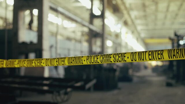 Police investigation area marked with yellow tape inside empty industrial plant
