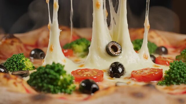 Close-up of a delicious hot pizza with melting mozzarella cheese, fresh broccoli, ripe tomatoes, and black olives, showcasing the stretchy cheese pull.