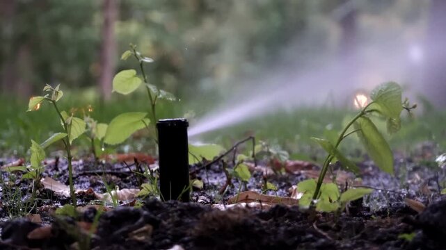 Automatic garden sprinkler spraying water mist onto young plants and soil outdoors.