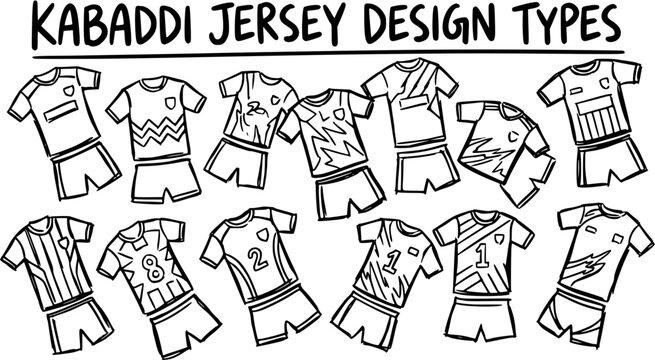 Kabaddi Jersey Design Types - Black and White Line Art Vector Illustration