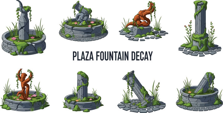 Eight illustrations of weathered mossy stone fountains and broken columns arranged in a grid featuring aquatic plants