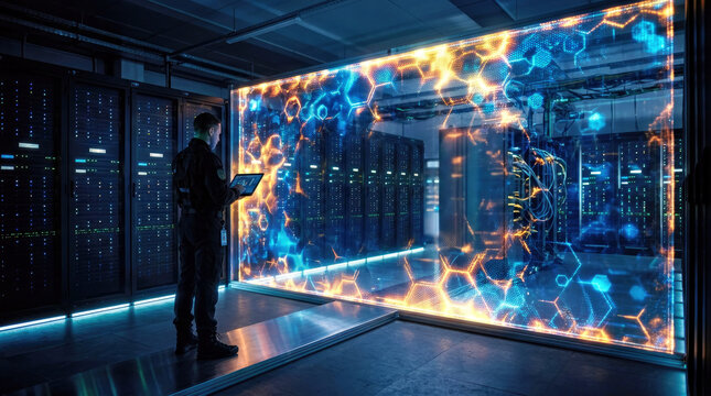 Man standing in front of glowing firewall barrier in server room