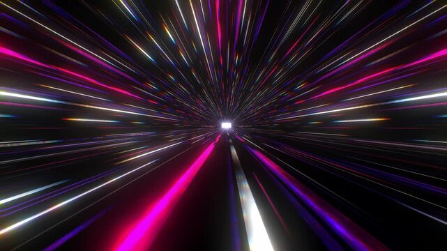 Neon light streaks speed forward through a dark hyperspace tunnel in a rapid 3D animation loop featuring striking pink and magenta laser lines
