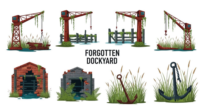 Set of eight stylized illustrations featuring rusted cranes dilapidated brick structures anchors and tall swamp grasses