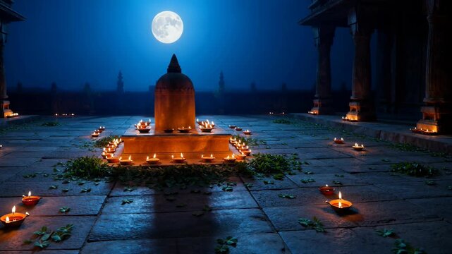 Traditional Hindu Shiva Linga shrine at night with glowing oil lamps