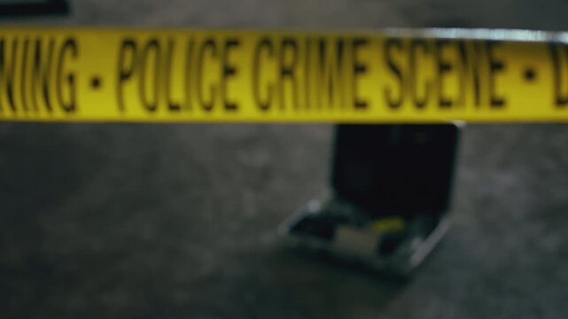 Forensic equipment bag on the ground behind police tape, criminal investigation