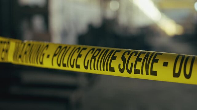 Close-up of police warning tape marking crime scene inside industrial factory