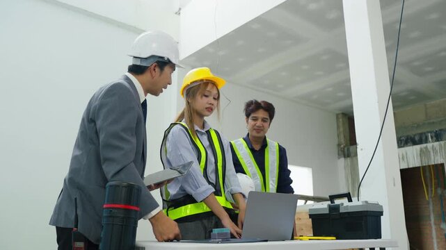 Construction site inspection team with helmet safety vest and laptop for meeting planning unfinished office interior, workers discussing blueprint project progress, safety checklist and site
