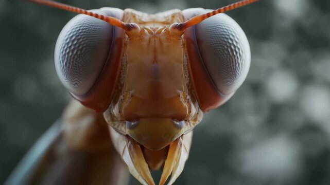 Macro Image Highlighting Mantis Facial Features. Intricate Macro Shot Revealing Mantis Head And Eyes Cast