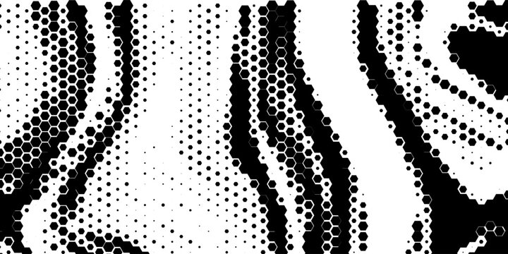 Black seamless hexagon texture. Repeated honeycomb pattern background. Geometric hexagonal halftone tech overlay backdrop. Abstract repeating hex halftone. Vector eps 10
