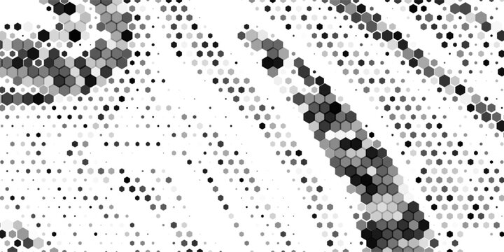 Black seamless hexagon texture. Repeated honeycomb pattern background. Geometric hexagonal halftone tech overlay backdrop. Abstract repeating hex halftone. Vector eps 10
