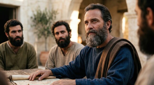 Apostle Paul teaching Timothy and other disciples around a table in ancient Philippi. Biblical scene depicting early Christian apostles studying scripture. Historical travel ministry.