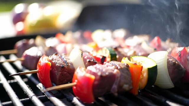 Vibrant shish kebabs with seared meat, ruby bell peppers, emerald zucchini, and white onions sizzling on a clean barbecue grill under golden hour light, slow video. Appetizing outdoor grilling concept