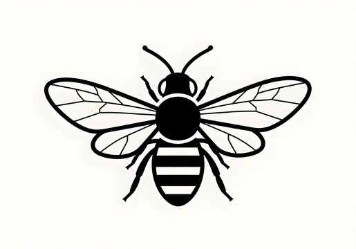 A symmetrical black-and-white illustration of a honey bee with outstretched wings. A clean and crisp minimalist design, perfect for logos for natural honey products, beekeeping, or creative industry i