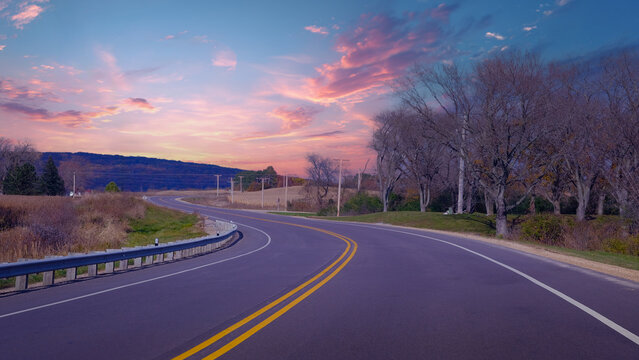 sunset over the road, American country asphalt road