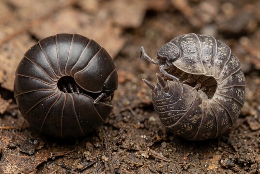Side by side comparison of enrolled pill millipede and pill bug showing convergent evolution