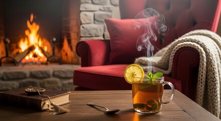 Fototapeta premium Cup of hot lemon tea on a wooden table in front of a cozy fireplace