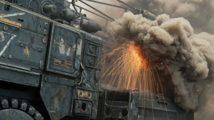 Obraz premium Military Battle Tank Engaged in Combat with Explosions and Smoke Effects During War Scene